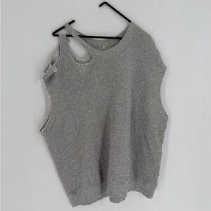 R13 Distressed Sweatshirt Tank Grey Short Sleeve Ripped Cut Out Neck Sweater Top